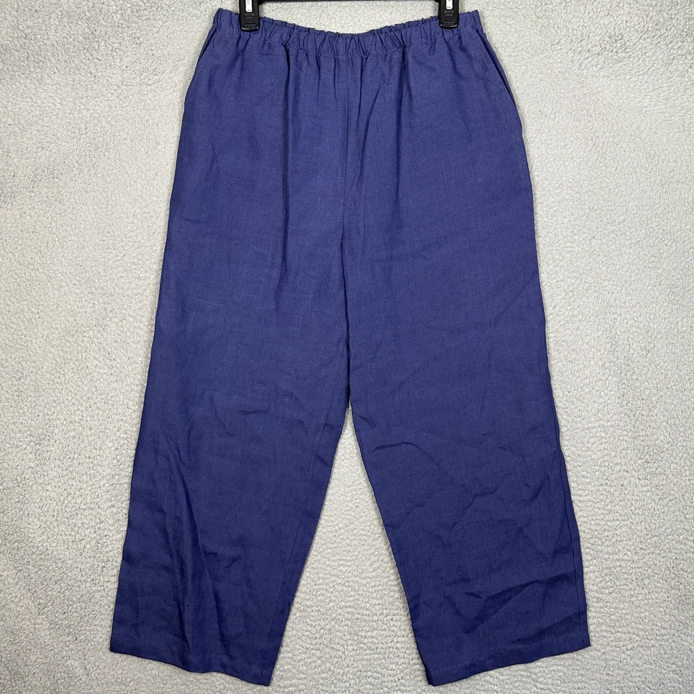 Eileen Fisher Linen Pants Women Medium Straight Leg Blue Relaxed Casual USA Made